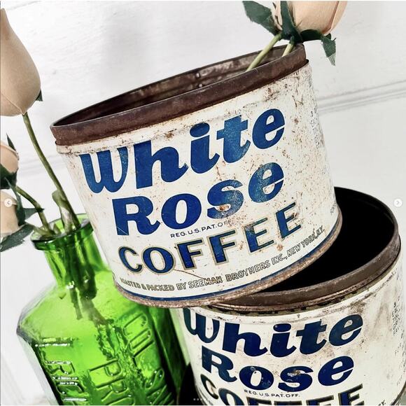 Vintage Shabby White Rose Coffee Tin Can Seeman NYC Advertising No Lids ONE - Picture 4 of 6
